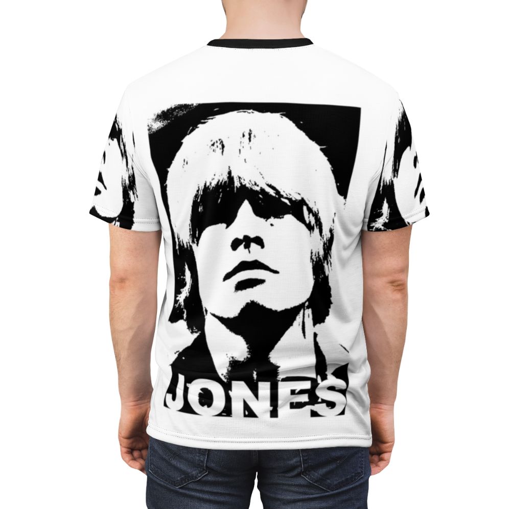 Vintage-style t-shirt design featuring an illustration of Brian Jones, the iconic guitarist of The Rolling Stones and pioneer of psychedelic rock. - men back