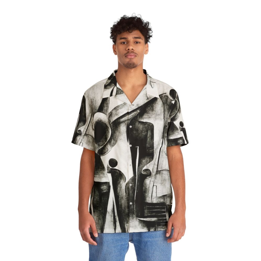 Charcoal abstract Hawaiian shirt with jazz quartet design - People Front