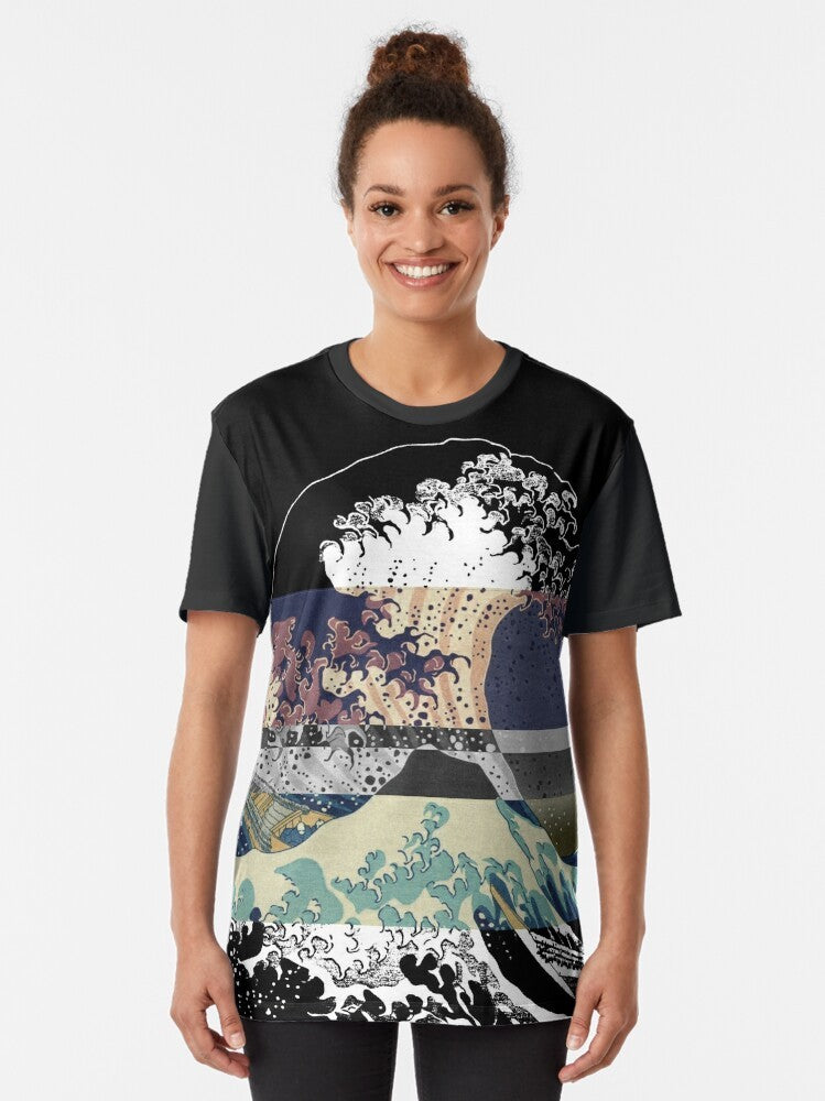 A graphic t-shirt design featuring the iconic "The Great Wave off Kanagawa" by Hokusai with a color glitch effect, evoking a tumblr aesthetic. - Women