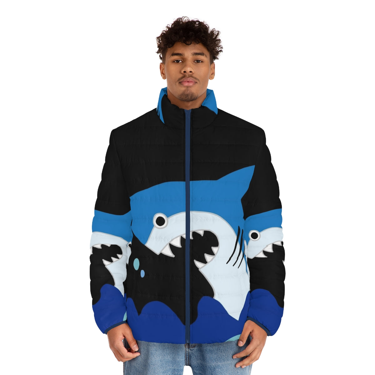 Luffy Shark Puffer Jacket with Anime-Inspired Shark Design - men front