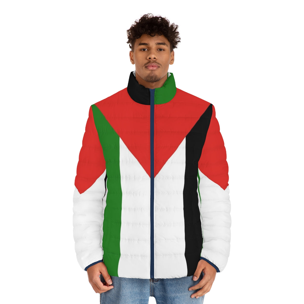 Horizontal Palestinian flag puffer jacket for solidarity and freedom - men front