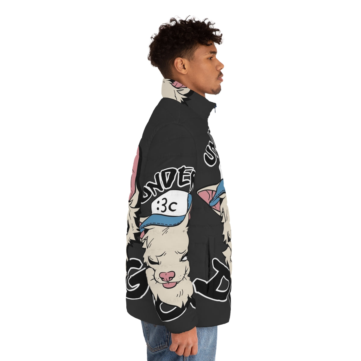 A cozy puffer jacket featuring a dog print design, perfect for LGBTQ+ and furry fashion enthusiasts. - men side right