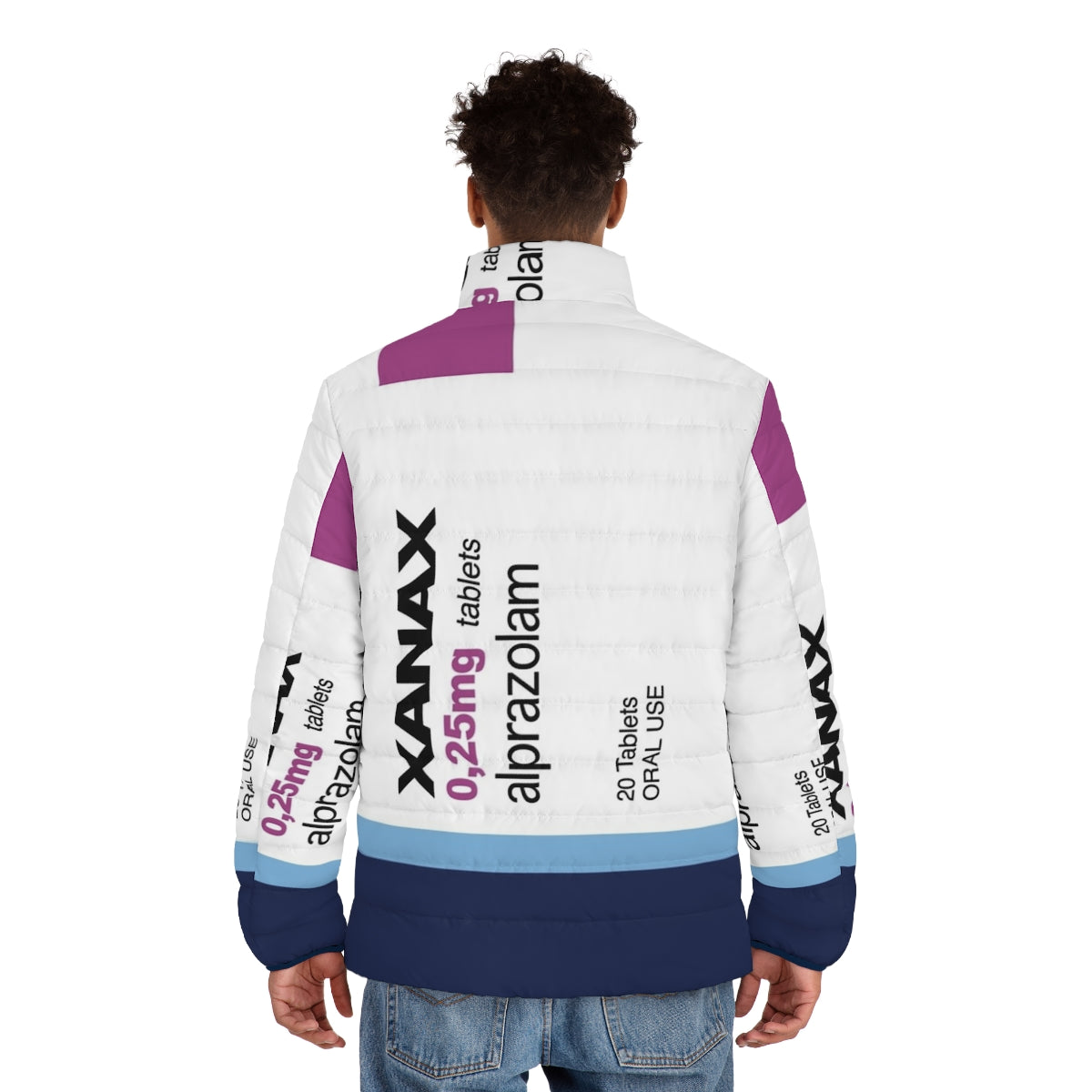 Xanax-inspired puffer jacket for fashion and meme enthusiasts - men back