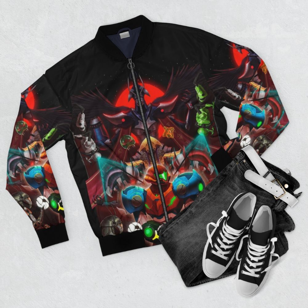 Metroid Dread Samus Aran Bomber Jacket - Flat lay