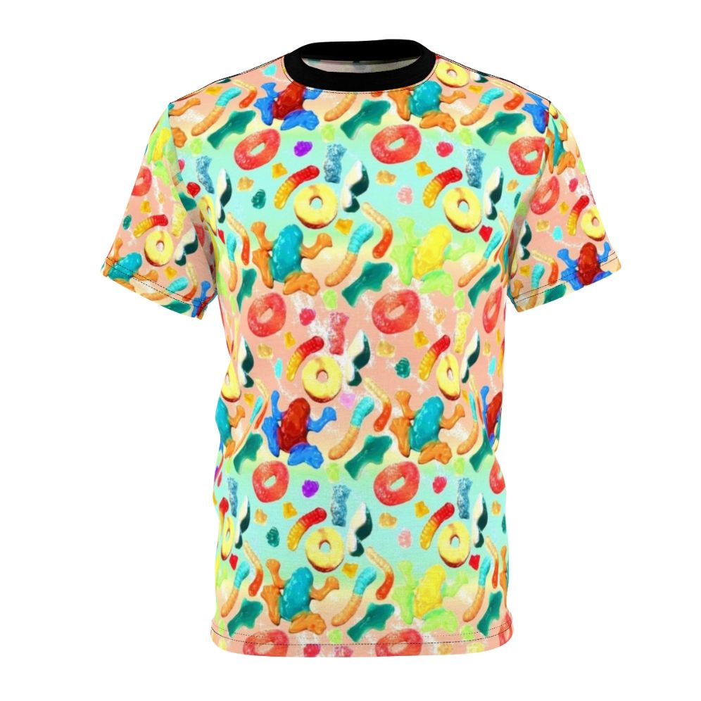 A colorful t-shirt featuring a playful gummy candy pattern design.