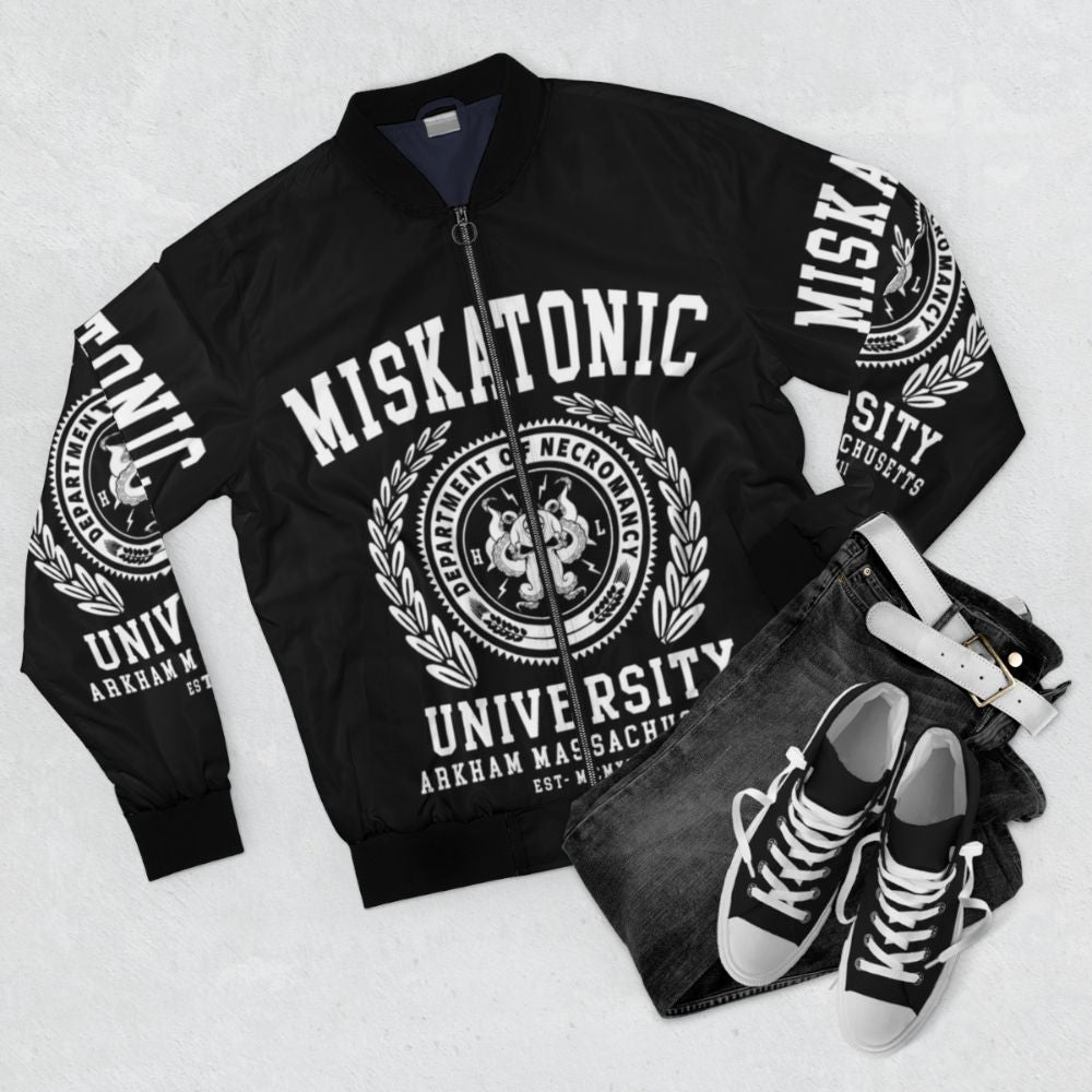 Cthulhu and Lovecraft inspired Miskatonic University bomber jacket with octopus and horror elements - Flat lay