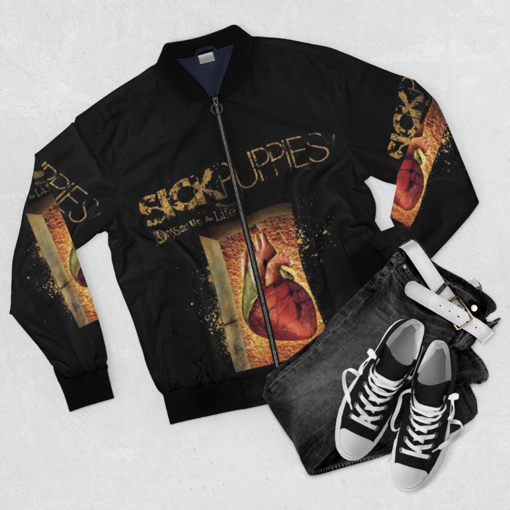 Sick Puppies Bomber Jacket with band logo and "Dressed Up as Life" design - Flat lay