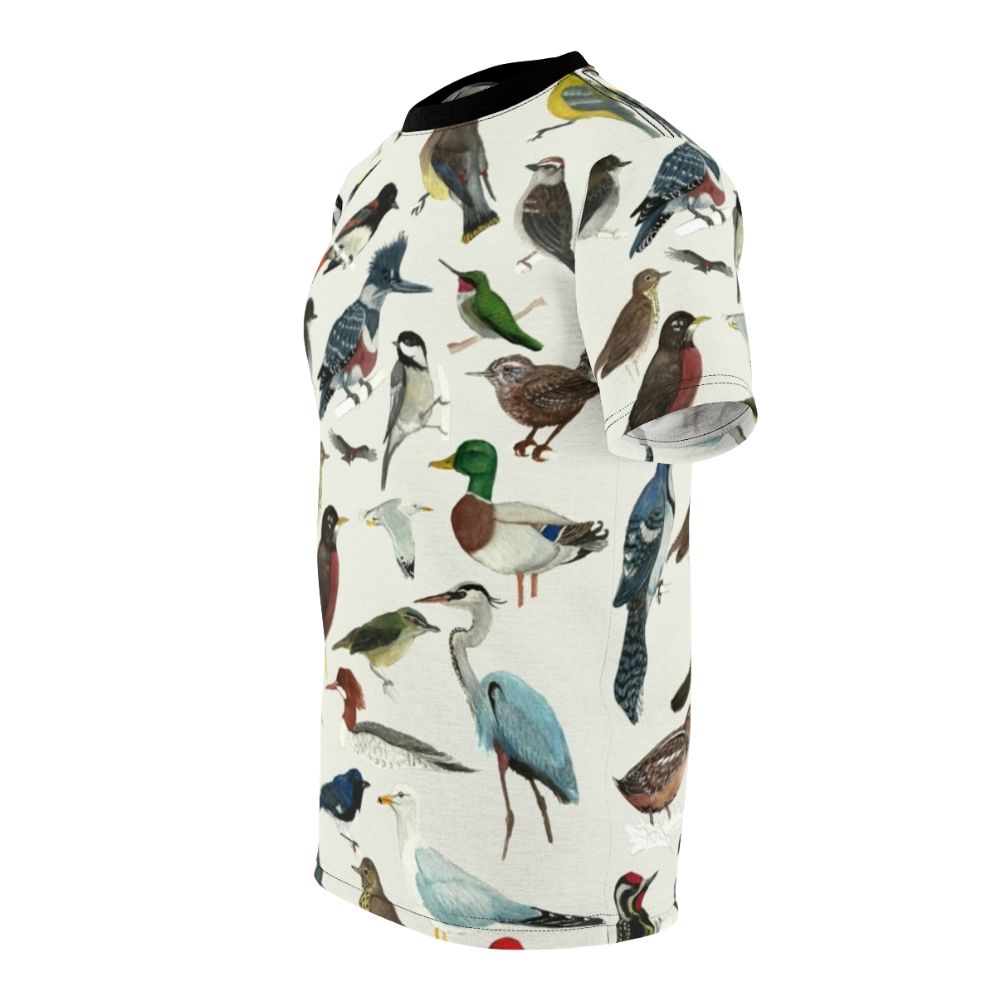 Vibrant AOP T-shirt featuring a collage of various bird species for the bird enthusiast - men left