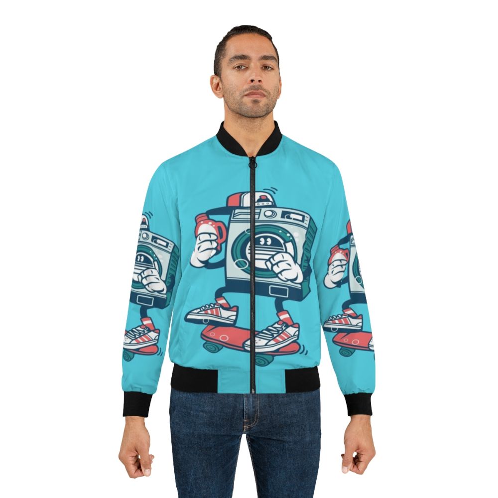 Colorful and vintage-inspired bomber jacket with a washing machine graphic design - Lifestyle