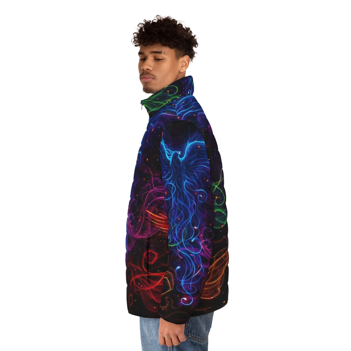 Colorful puffer jacket featuring a phoenix design against a vibrant sky - men side left