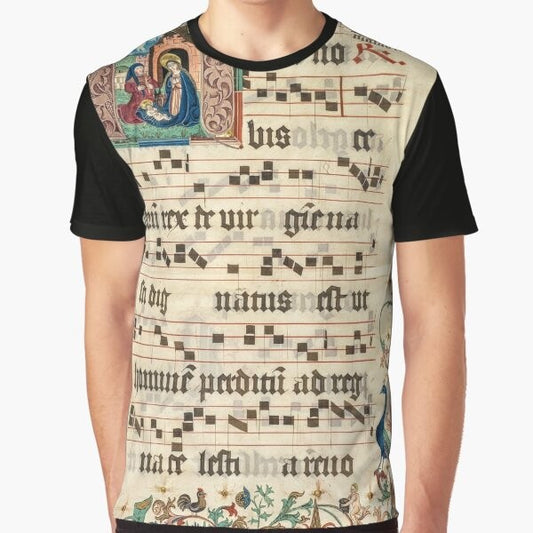 Graphic t-shirt featuring an intricate illuminated manuscript design with religious art and gothic style