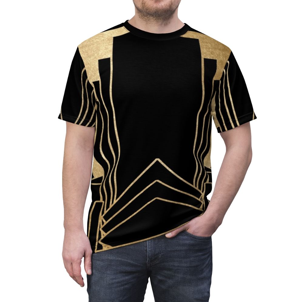 Model wearing a stylish art deco inspired t-shirt with a geometric pattern design - men front