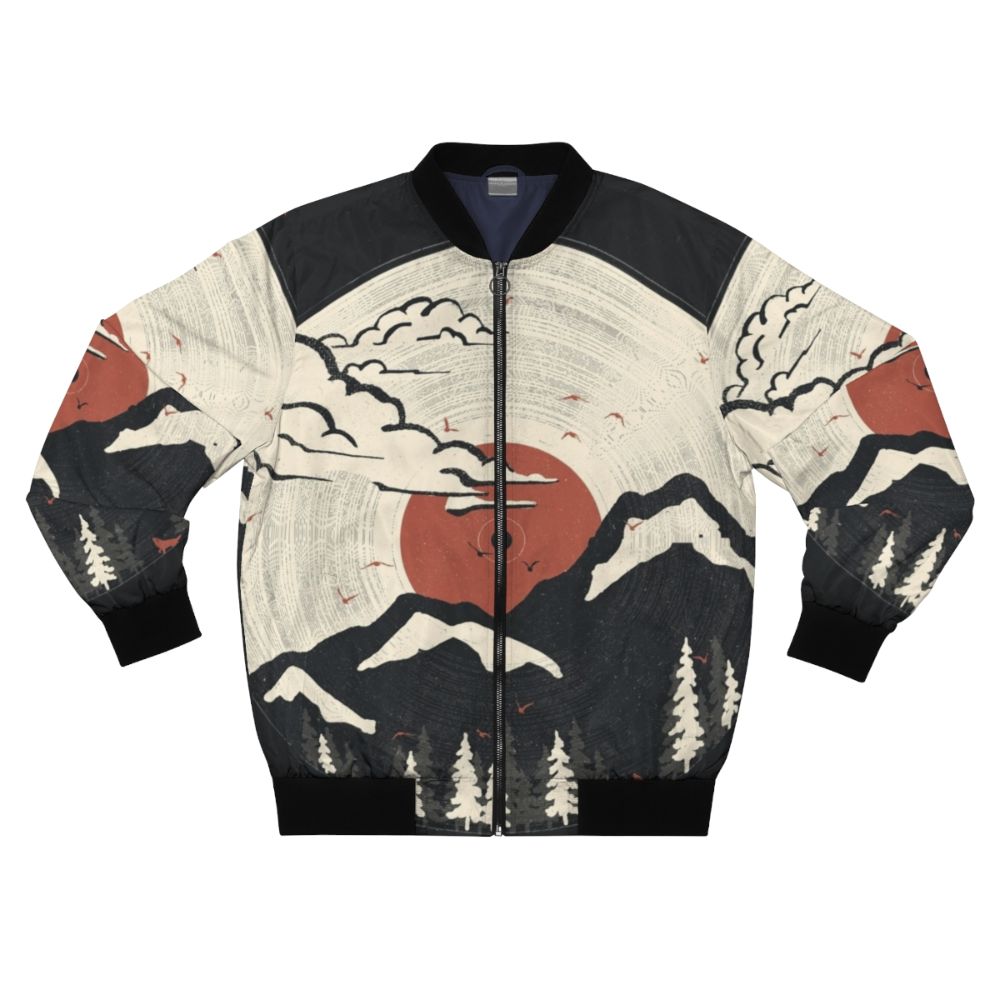 Mountain and nature-inspired bomber jacket with music and vinyl record elements