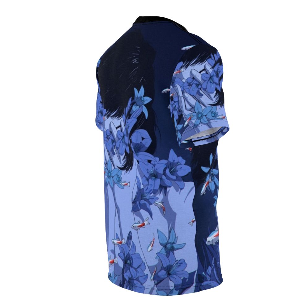 Anime-style graphic t-shirt featuring "Perfect Blue" inspired artwork with fish, flowers, and water elements. - men right