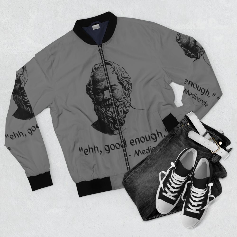 Philosophical mediocretes bomber jacket featuring ancient greek philosophy design - Flat lay