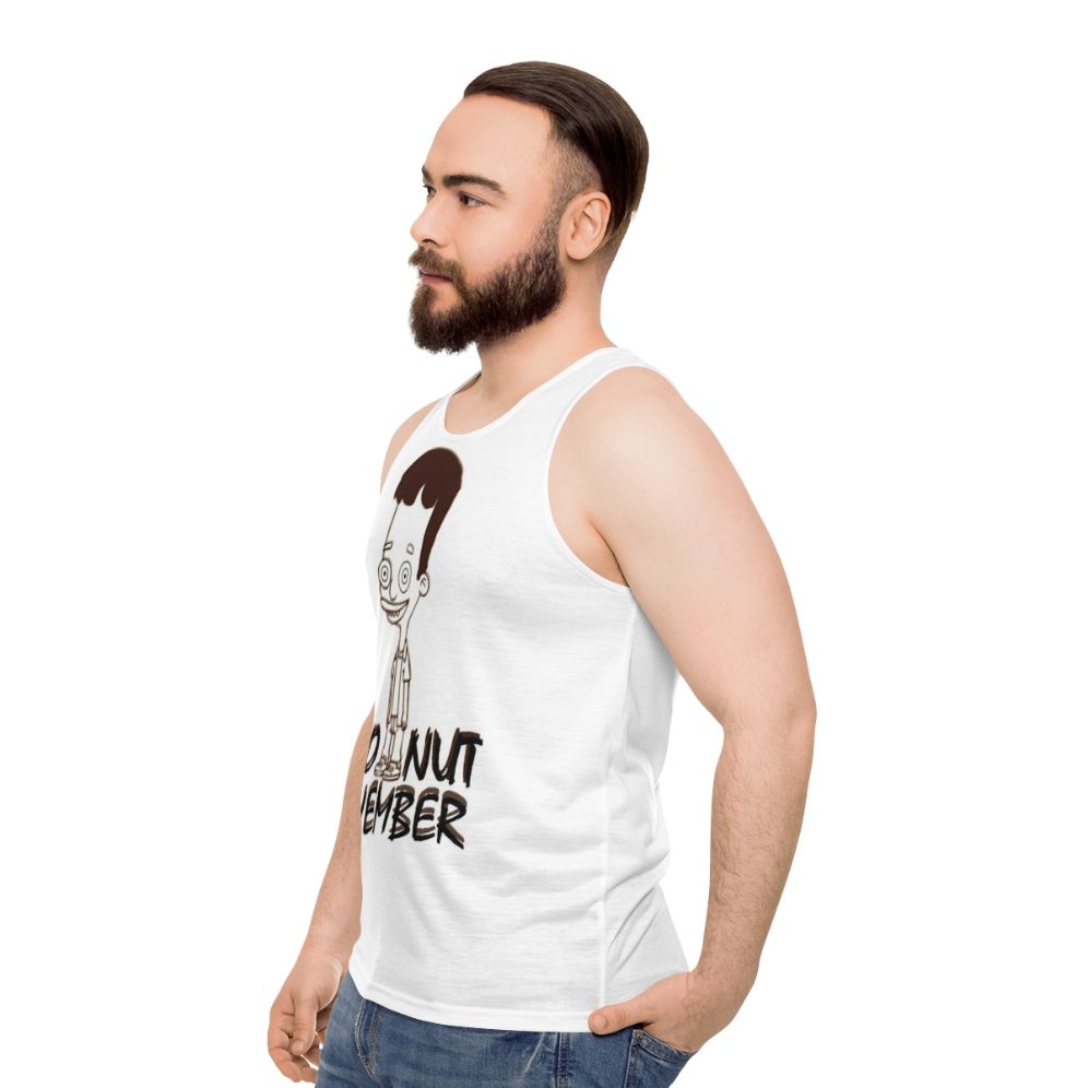 Unisex no nut november tank top with big mouth hormone monster design - men side