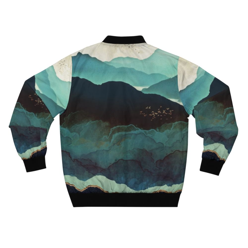 Indigo Mountains Bomber Jacket with abstract nature landscape design - Back