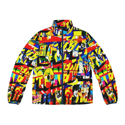 Happy Mondays Puffer Jacket, featuring the iconic band's logo and a stylish winter coat design