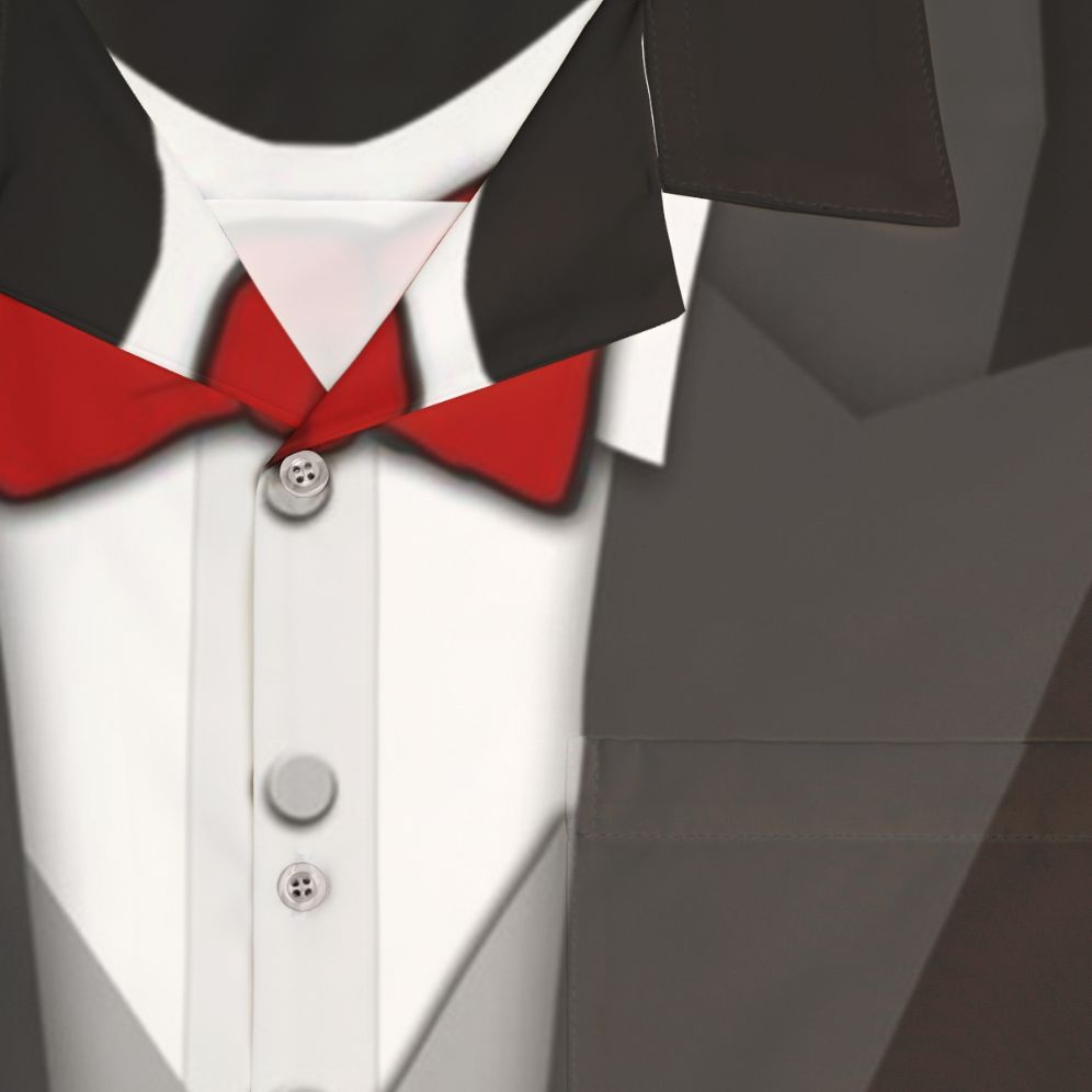 Black Tuxedo Hawaiian Shirt with Red Bowtie and Vest - Detail