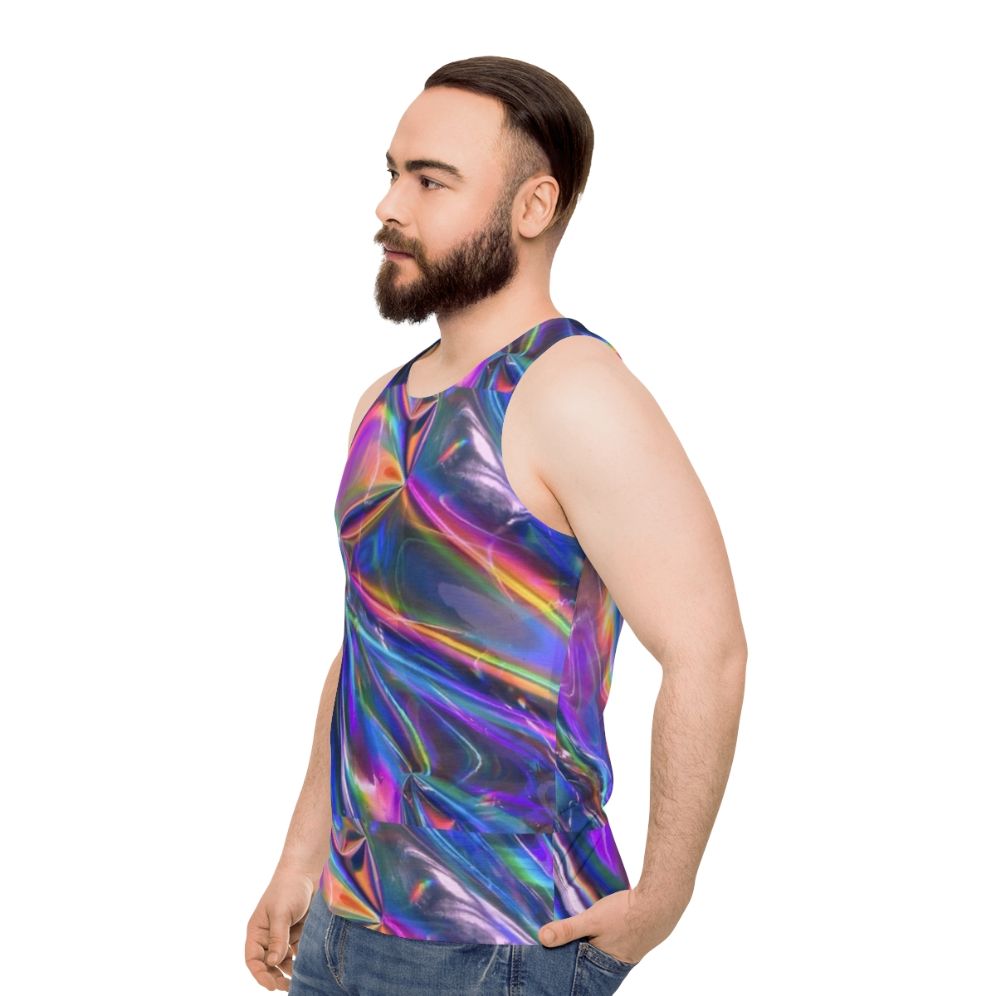 Holographic unisex tank top with iridescent, color-shifting material - men side