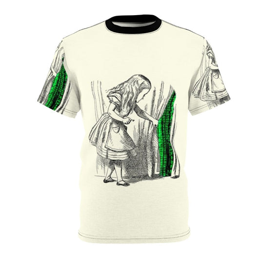 Stylish AOP T-shirt featuring a design inspired by "Alice in Wonderland" and "The Matrix" with a white rabbit motif.