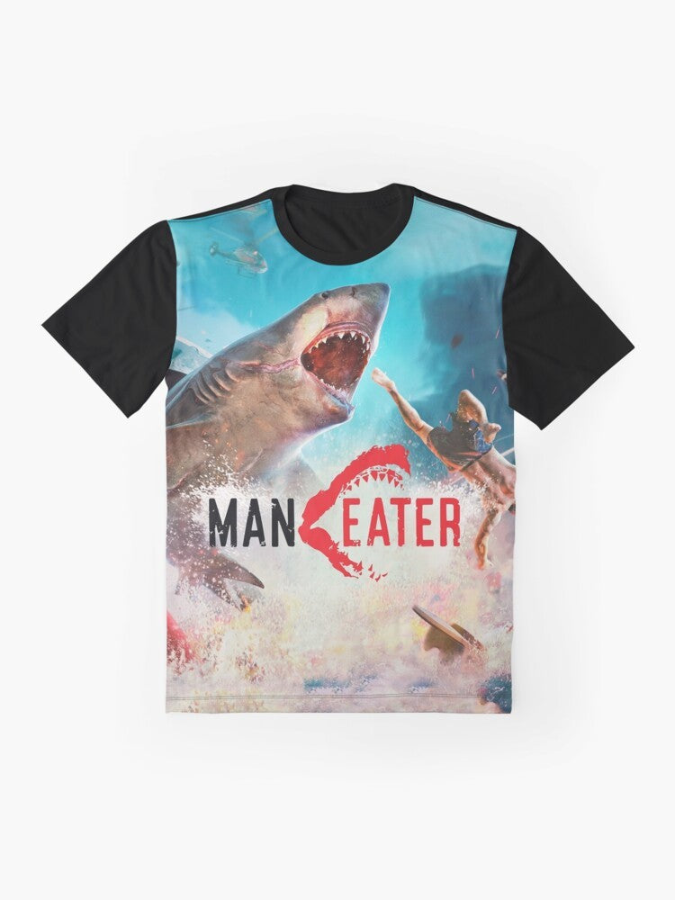 A graphic t-shirt featuring a shark hunting design, perfect for fans of the Maneater game and shark enthusiasts. - Flat lay