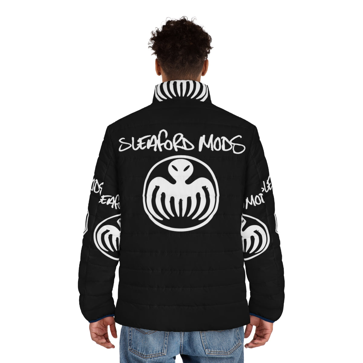 Sleaford Mods inspired puffer jacket featuring punk music and breakbeat design - men back