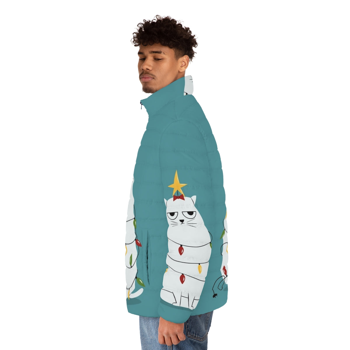 Grumpy Christmas cat puffer jacket with cartoon design - men side left