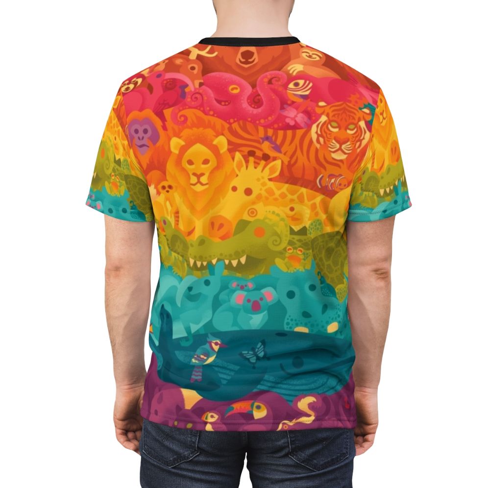 Vibrant all-over animal print design t-shirt featuring a spectrum of cute cartoon wildlife characters. - men back