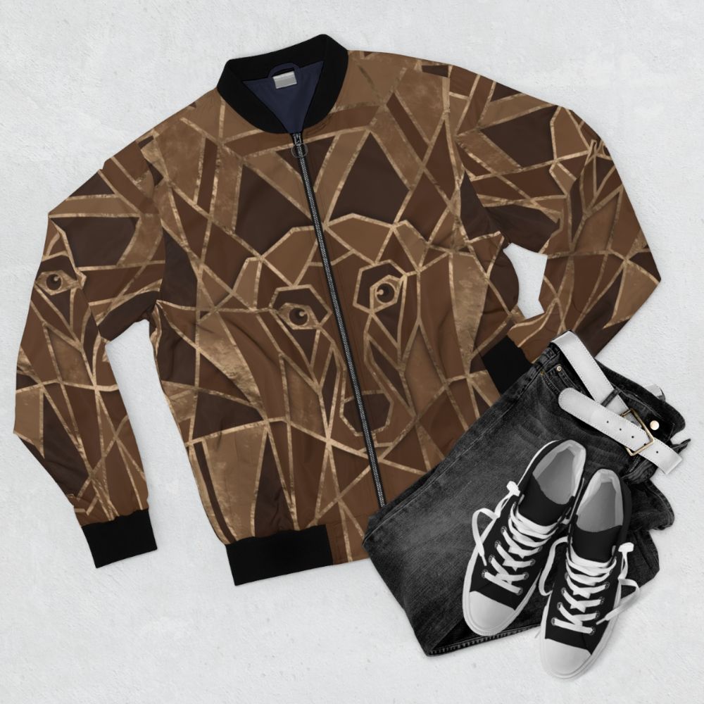 Art deco inspired bomber jacket with a geometric dachshund design - Flat lay