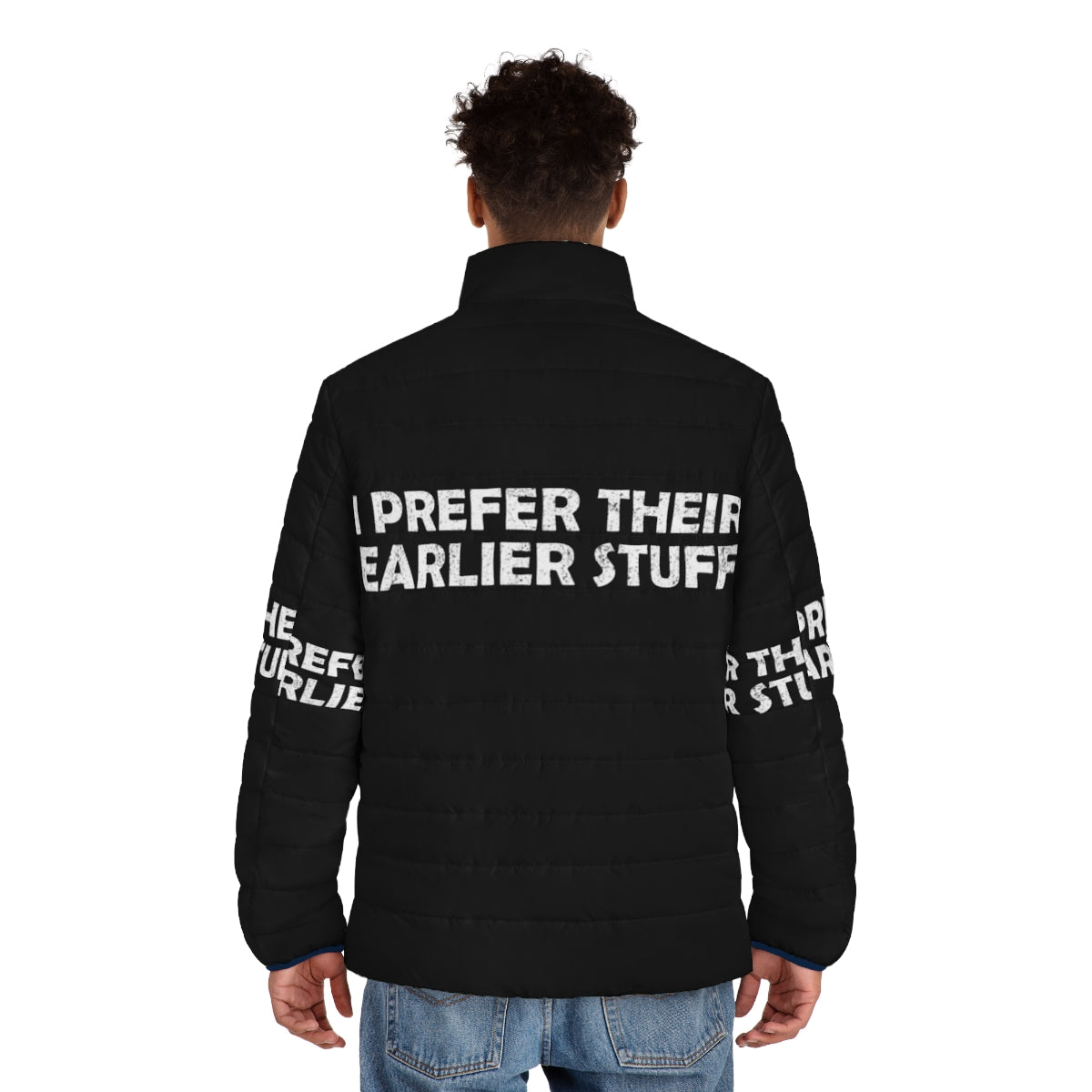 "I Prefer Their Earlier Stuff" music lover puffer jacket featuring a guitar design - men back