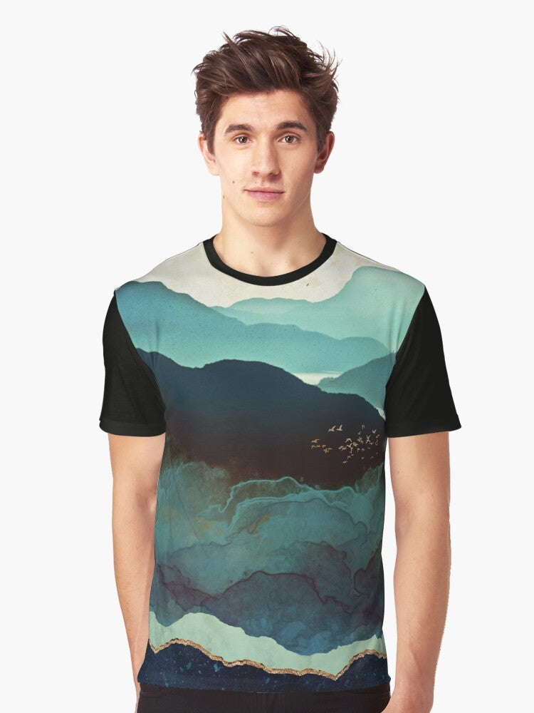 Indigo mountains and nature landscape graphic t-shirt design with abstract watercolor elements - Men