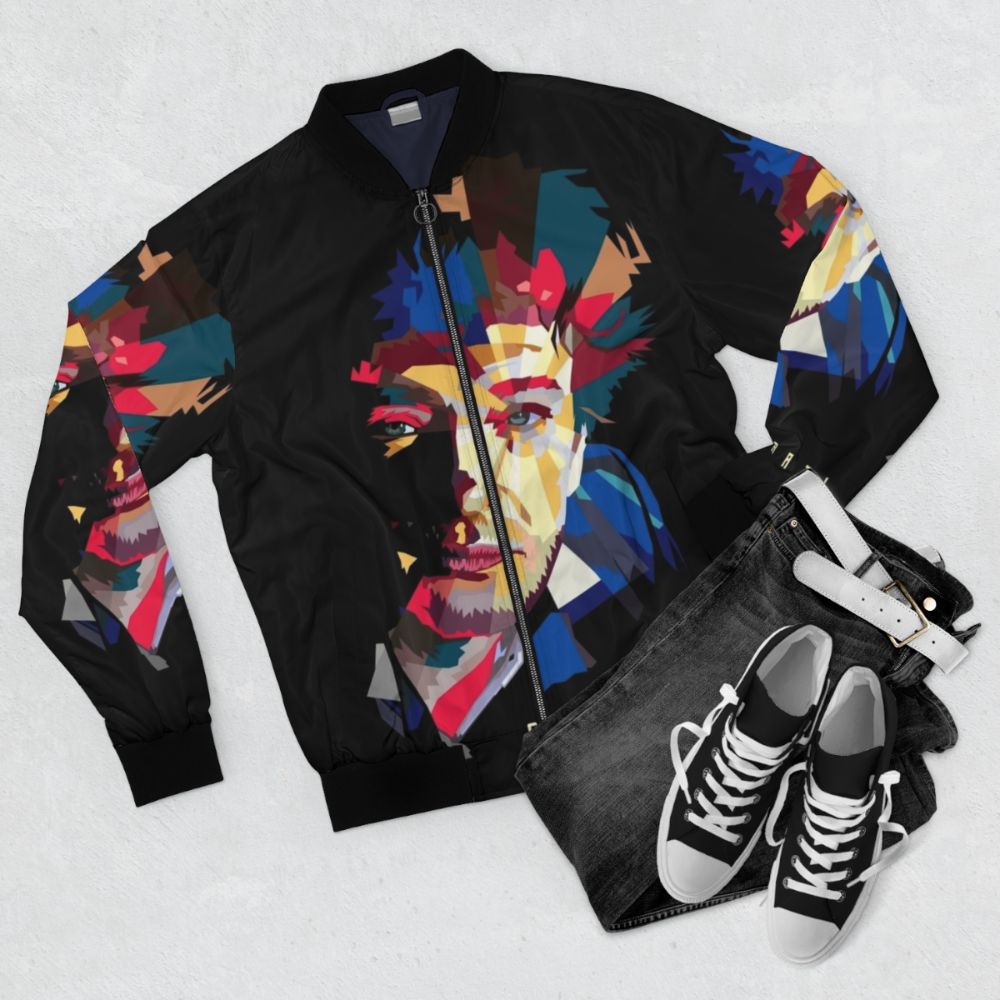 Gustavo Cerati inspired bomber jacket featuring low poly design elements - Flat lay