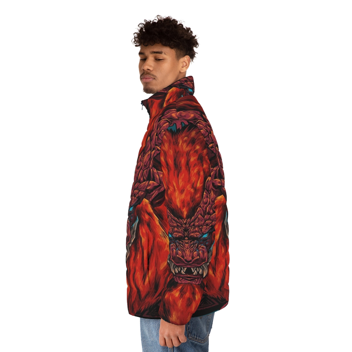 Teostra puffer jacket with gaming and monster hunting graphic design - men side left