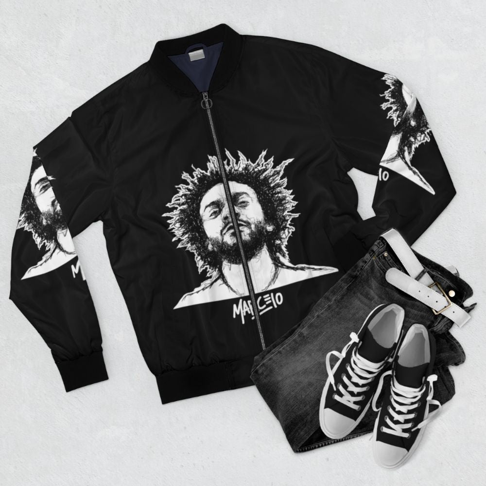 Marcelo Vieira illustration printed on a black bomber jacket - Flat lay