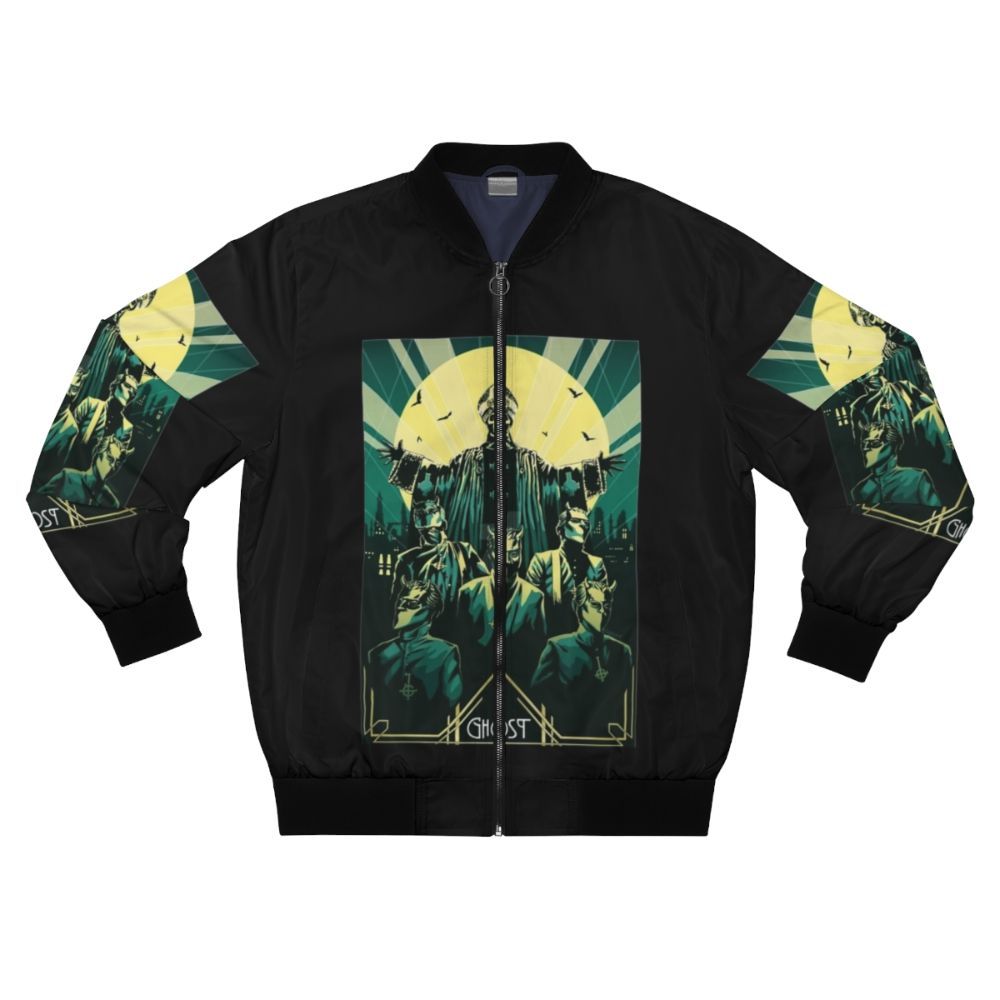 Black bomber jacket with skull print design