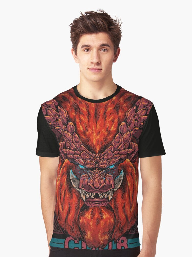 A graphic t-shirt featuring the monster hunter Teostra, an elder dragon from the Monster Hunter video game series. - Men