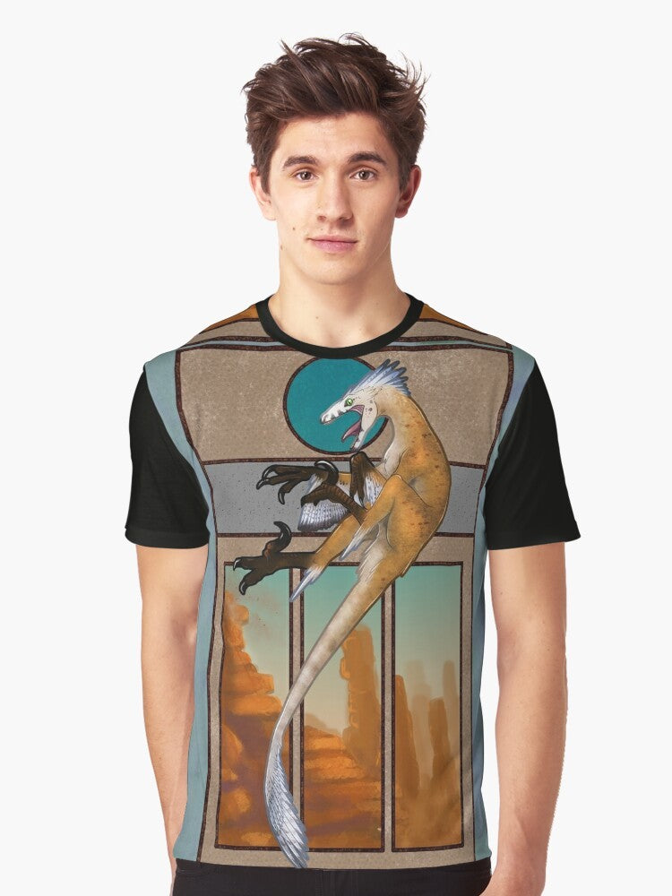 Velociraptor dinosaur illustration on a graphic t-shirt - Men