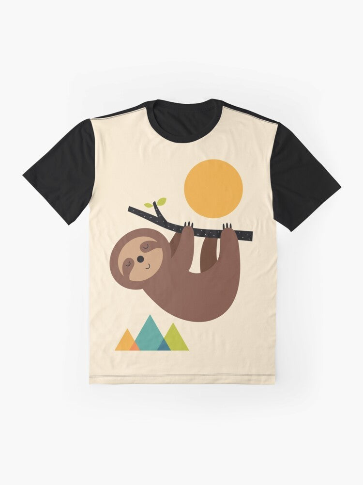 A graphic t-shirt design featuring a relaxed sloth in a natural landscape - Flat lay