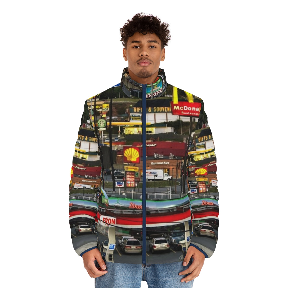 Vintage puffer jacket with Breezewood, PA truckstop and Americana-inspired graphics - men front