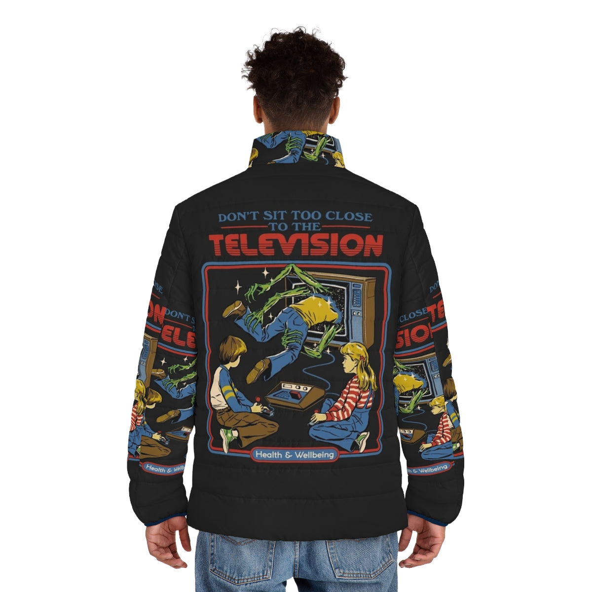 Retro gaming puffer jacket with horror-themed design - men back