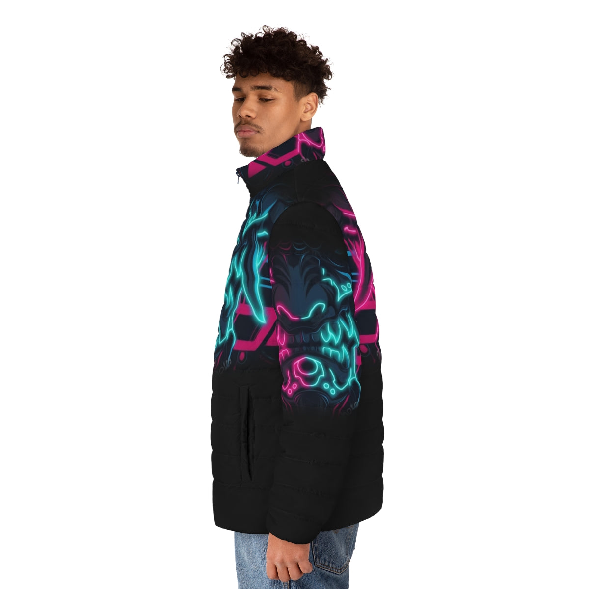 Neo Yokai Puffer Jacket featuring cyberpunk-inspired design and Japanese mythological elements - men side left