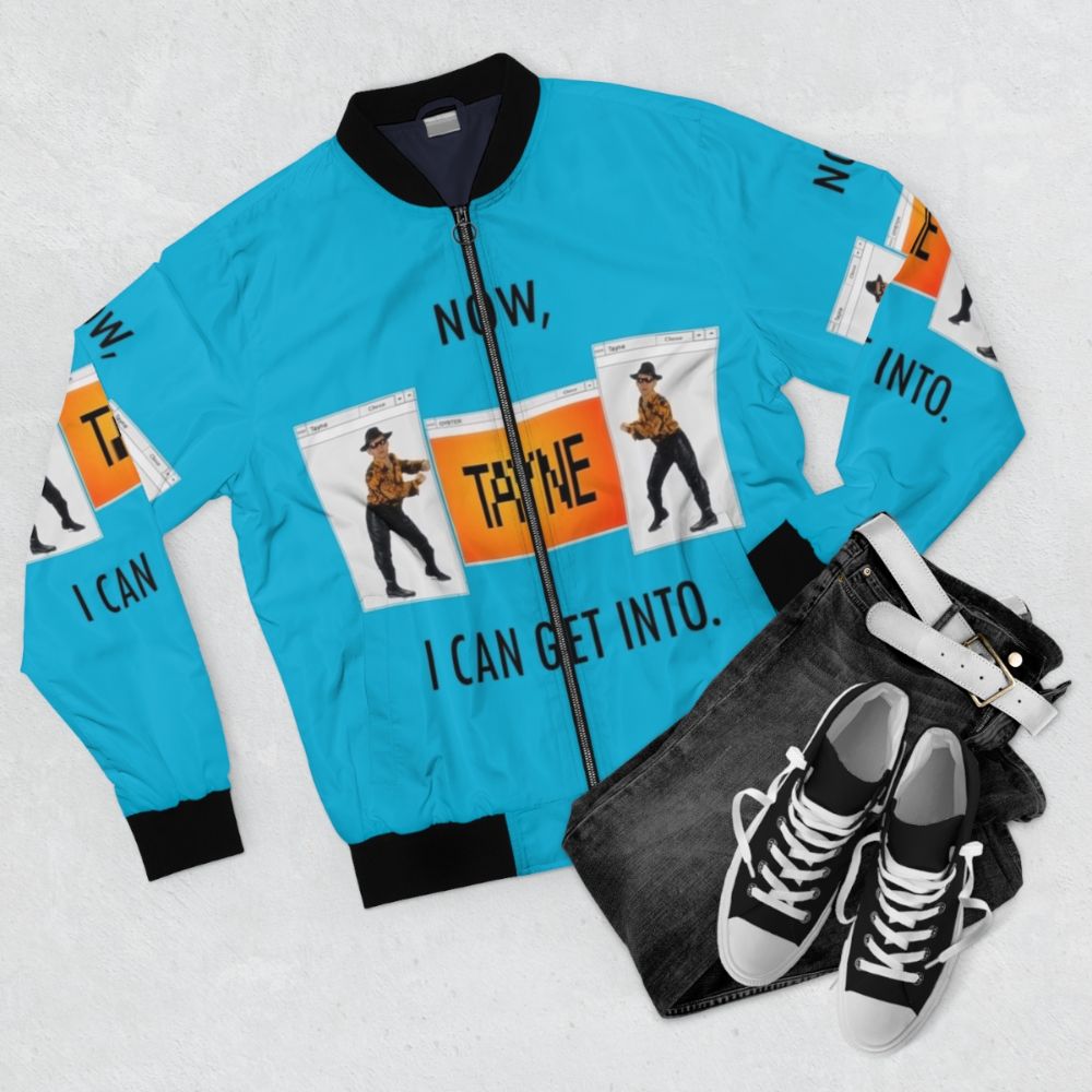 A stylish bomber jacket featuring the "Now TAYNE I Can Get Into" design, a nod to the iconic Tim and Eric sketch with Paul Rudd. - Flat lay