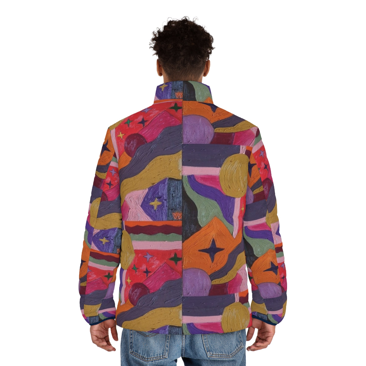 A vibrant and colorful puffer jacket featuring abstract geometric shapes and patterns - men back