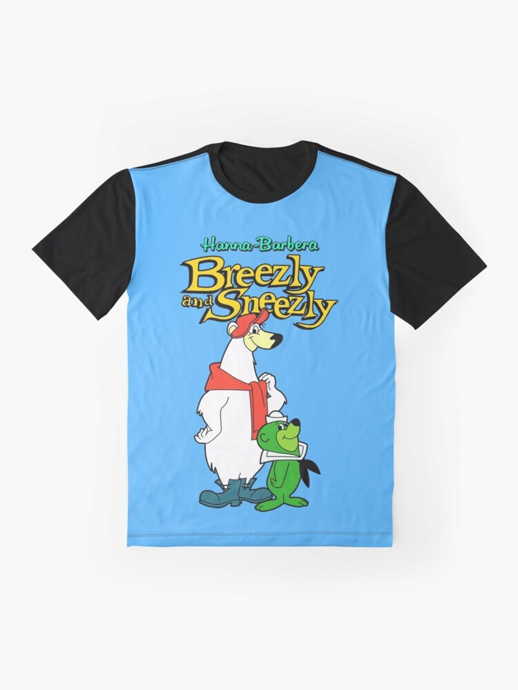 Breezly and Sneezly cartoon characters on a graphic t-shirt design - Flat lay