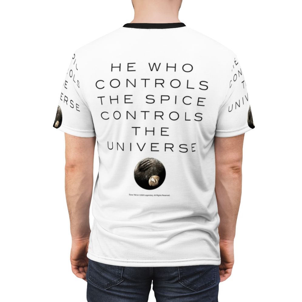 Dune inspired sci-fi t-shirt featuring a desert landscape and cosmic elements - men back