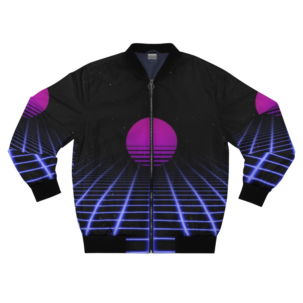 80s Sunset Aesthetic Bomber Jacket with Computer Graphics and Vapor Wave Design