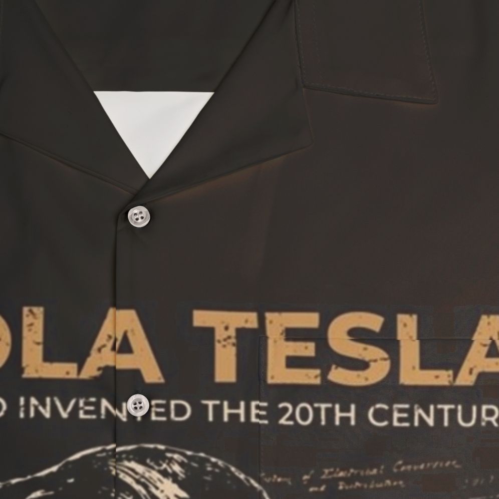 Nikola Tesla Hawaiian Shirt featuring scientific elements and futuristic pop art design - Detail