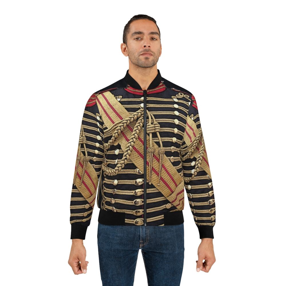 Blue military-style bomber jacket with gold trim, a simulated uniform design - Lifestyle