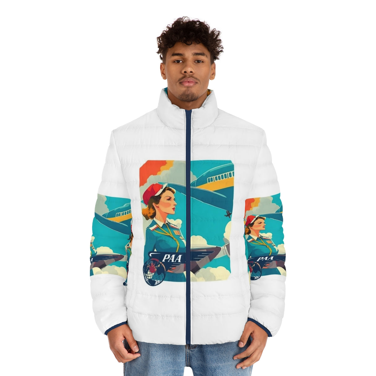 Pan Am puffer jacket featuring vintage airline uniform design and retro aviation graphics - men front